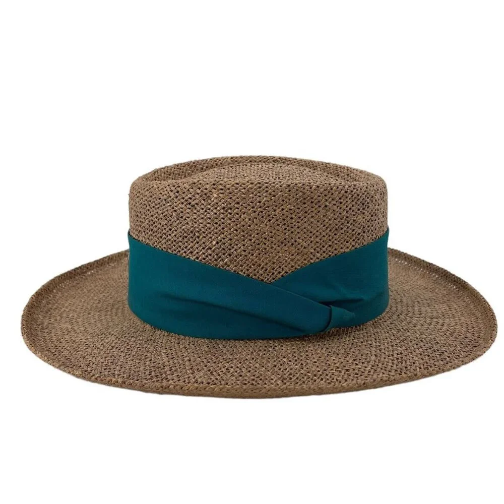 Vintage Straw Panama Boater Hat With Teal Band & Wardens Association Of America - Picture 5 of 11